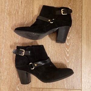 Marc Fisher Black Suede Bootie with Gold Metal Embellishments, Size 7